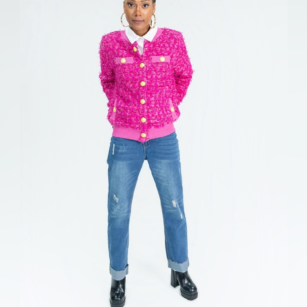 New hot pink tweed bomber jacket